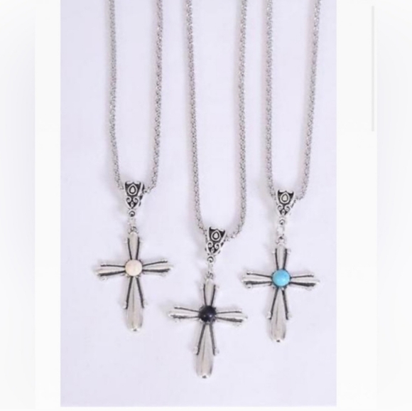 Cross Necklace Silver BLACK Semiprecious Stone Cross Earrings H 1.5" X W 1 "NEW - Picture 1 of 8